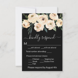 Cartão RSVP Rosas Bege Floral Beijo em Preto Dourado
