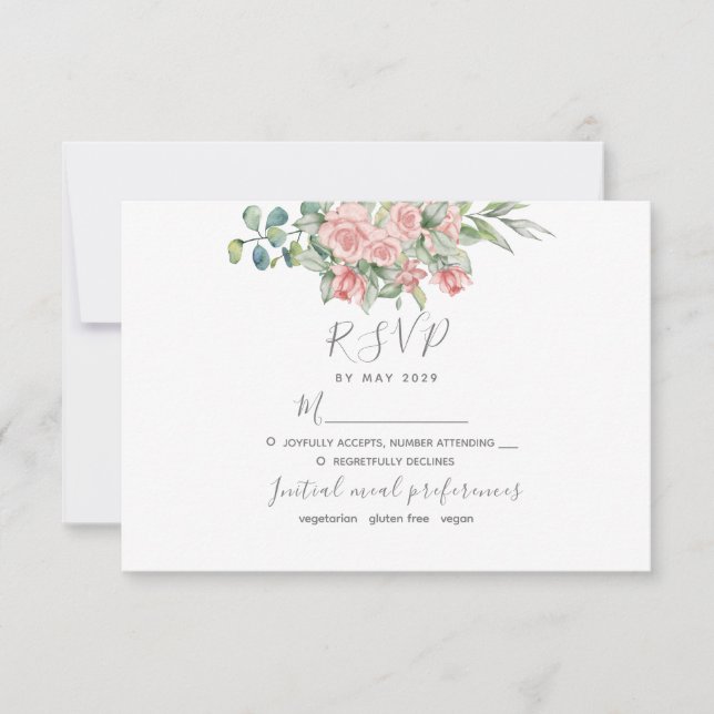 Cartão RSVP Rosas Blush Casamento Rosa Pintado Floral (Frente)