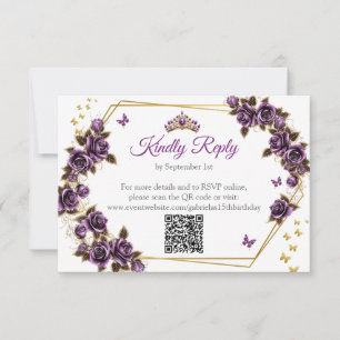 Cartão RSVP Rosas Borboleta Tiara Dourada Roxa Quinceañera