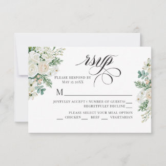 Cartão RSVP Rosas Brancas de Inverno, Cornizo e Casamento de A