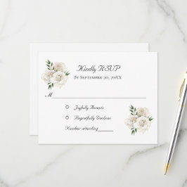 Cartão RSVP Rosas Brancas Douradas Formal Elegante Estiloso Ca