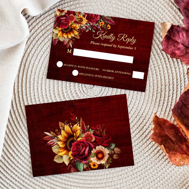 Cartão RSVP rosas-burgundo-casamento outono girassóis amarelos (Fall wedding burgundy roses yellow sunflowers RSVP card wedding invitation suite)