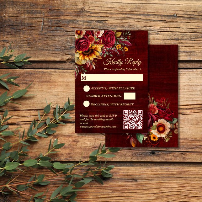 Cartão RSVP rosas-burgundo-casamento outono girassóis amarelos (Fall wedding burgundy roses yellow sunflowers RSVP card wedding invitation suite)