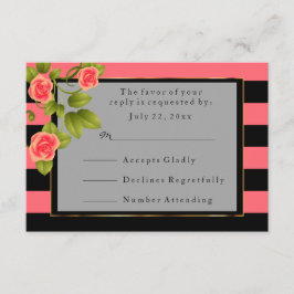 Cartão RSVP Rosas Corais em Listras Corais e Pretas