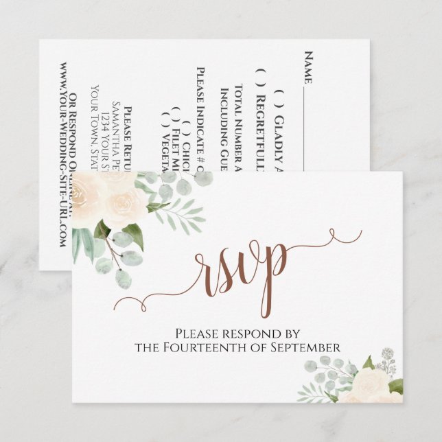 Cartão RSVP Rosas de Champanhe Casamento Elegante Boho (Frente/Verso)