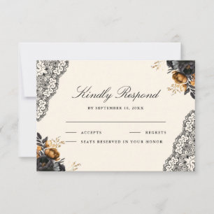 Cartão RSVP Rosas de Ouro Preto Renda Creme Casamento Gótico