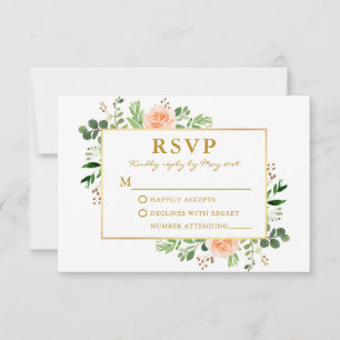 Cartão RSVP Rosas de Pêssego em Aquarela Dourada