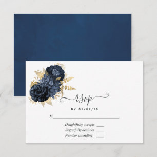 Cartão RSVP Rosas Desbotadas Vintage em Azul Marinho e Dourado