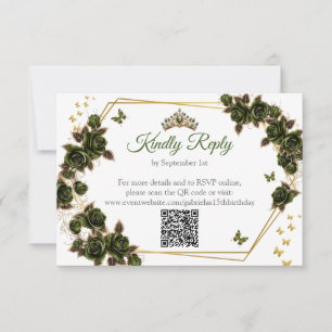 Cartão RSVP Rosas Douradas Borboleta Quinceañera Verde Esmeral