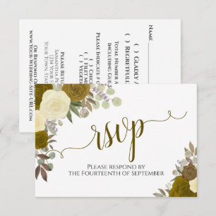 Cartão RSVP Rosas Douradas Elegantes Caligrafia Floral Respost