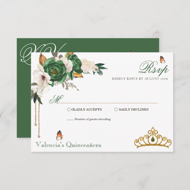 Cartão RSVP Rosas Dourados verdes Elegantes Dourados Tiara Qui (Frente/Verso)