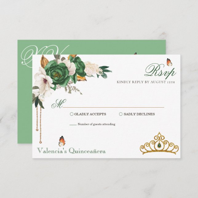 Cartão RSVP Rosas Dourados verdes Elegantes Dourados Tiara Qui (Frente/Verso)