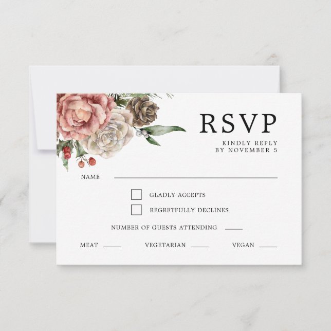 Cartão RSVP Rosas e Casamento no inverno Floral de Pino (Frente)