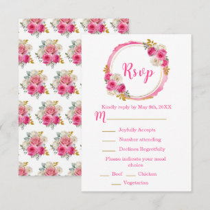 Cartão RSVP Rosas Elegantes Rosa Quente e Dourado Sweet Sixtee