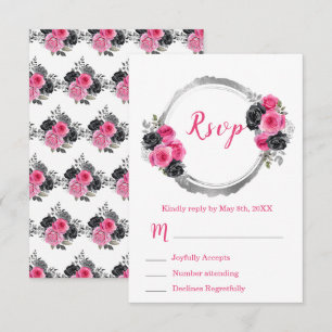 Cartão RSVP Rosas Elegantes Rosa Quente e Prata Sweet Sixteen