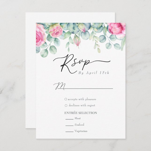 Cartão RSVP Rosas Eucalyptus | Boho Greenery Casamento Elegant (Frente/Verso)