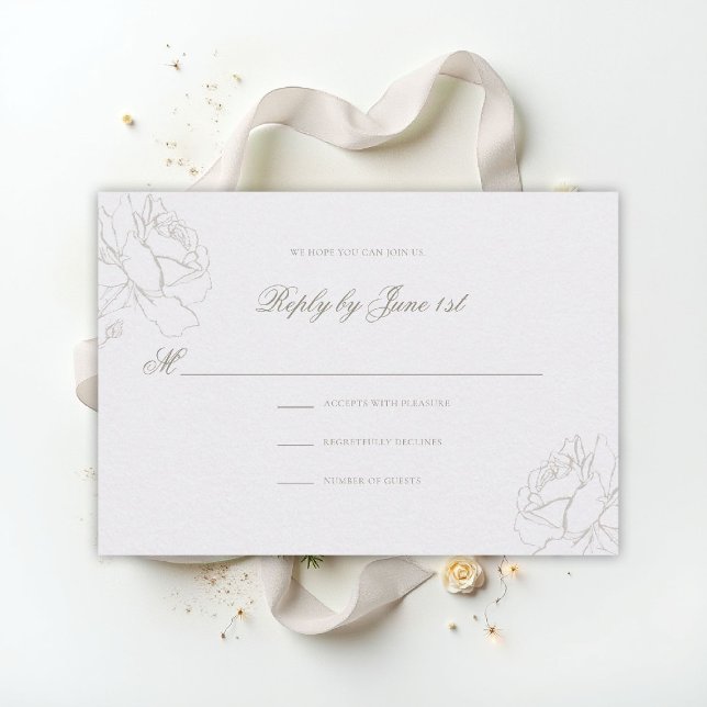 Cartão RSVP Rosas Falsas Relevo Pérolas Clássico Casamento (ethereal wedding theme white rsvp reply formal traditional modern classic floral roses elevated)