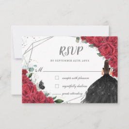 Cartão RSVP Rosas Florais Chic Red Silver Quinceañera Princess
