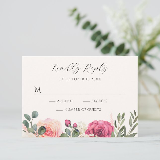 Cartão RSVP Rosas Florais de Aquarela Branca Rosa (Em pé/Frente)