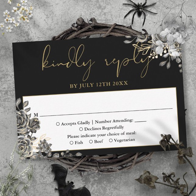 Cartão RSVP Rosas Florais Gótica Casamento Negro E Dourado (Gothic Floral Roses Black And Gold Wedding RSVP Card)