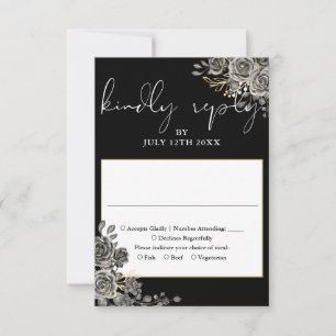 Cartão RSVP Rosas Florais Góticas Preto E Branco Casamento