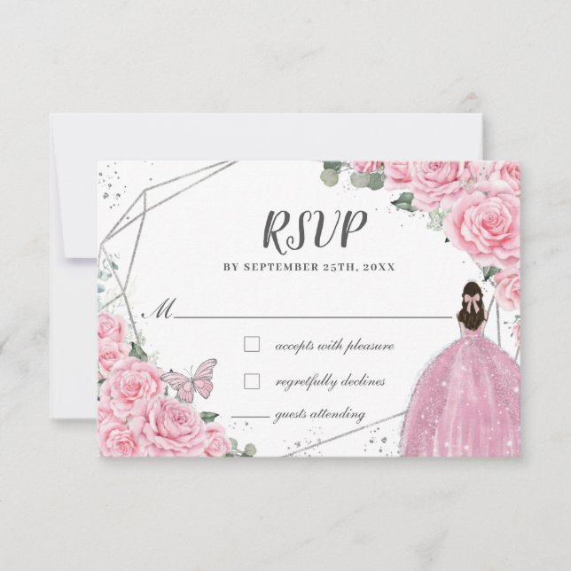 Cartão RSVP Rosas Florais Rosa-Chic Silver Quinceañera Princes (Frente)