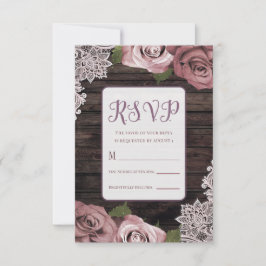 Cartão RSVP Rosas Florais Rosa Empoeirado Rustico Madeira e Re