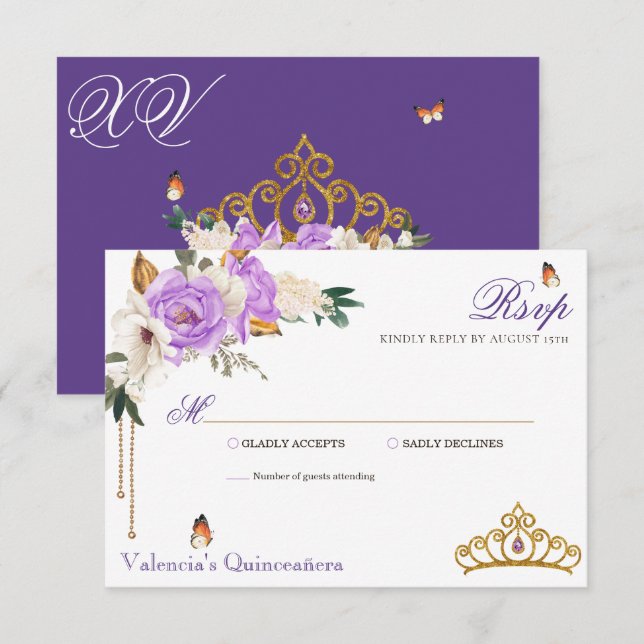 Cartão RSVP Rosas lavandas Roxo Dourado Tiara Quinceanera (Frente/Verso)