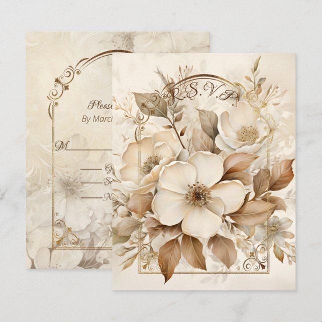 Cartão RSVP Rosas marrons monótonas e brancas Quadro dourado (Frente/Verso)