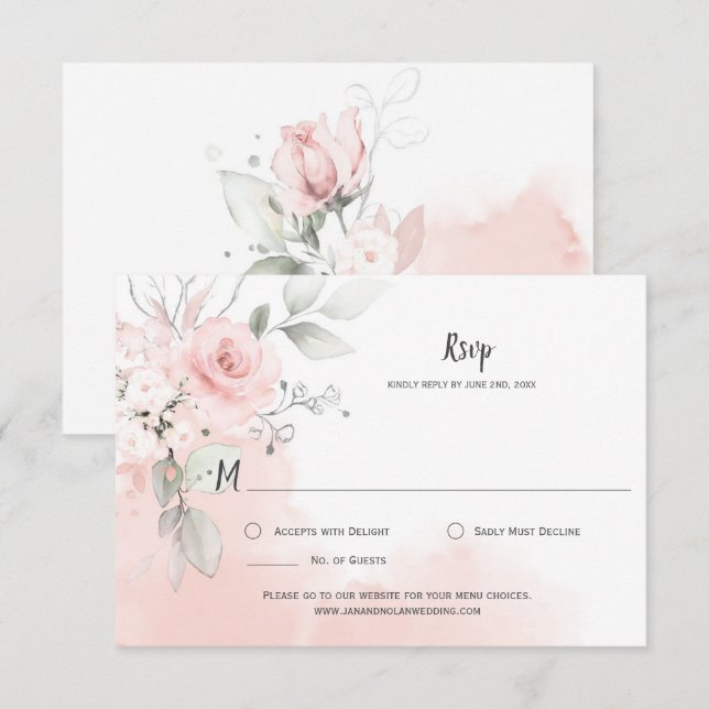 Cartão RSVP Rosas Pastel Rosa Água-Forte de Aquarela Rosa Páli (Frente/Verso)