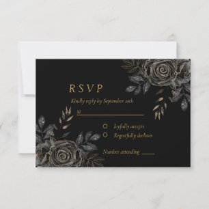 Cartão RSVP Rosas Pretas e Douradas Caixão Gótico Elegante