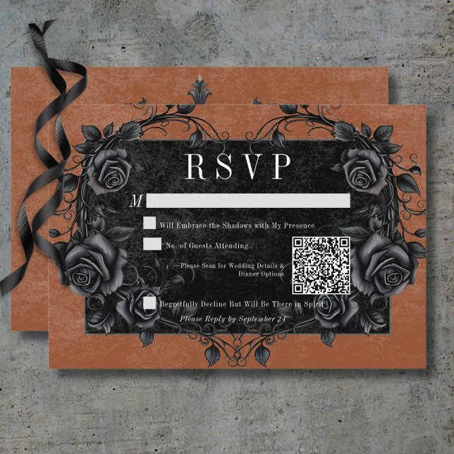 Cartão RSVP Rosas Pretos Góticos Raven e Pretos Cód. QR (Gothic Black Raven & Black Roses Rust QR Code RSVP Card)