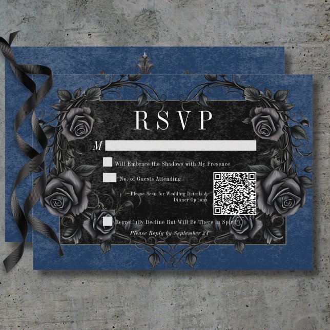 Cartão RSVP Rosas Pretos Góticos Raven e Pretos Código QR Azul (Gothic Black Raven & Black Roses Blue QR Code RSVP Card)