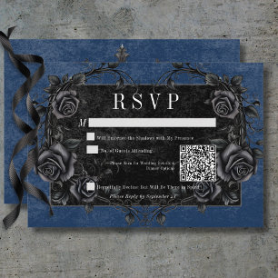 Cartão RSVP Rosas Pretos Góticos Raven e Pretos Código QR Azul