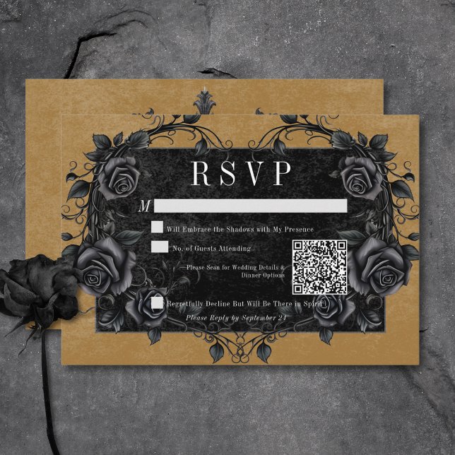 Cartão RSVP Rosas Pretos Góticos Raven e Pretos Dourados Códig (Gothic Black Raven & Black Roses Gold QR Code RSVP Card)