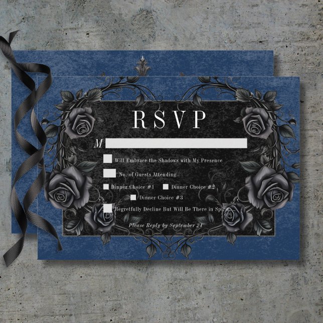 Cartão RSVP Rosas Pretos Góticos, Raven e Pretos, Janto Azul (Gothic Black Raven & Black Roses Blue Dinner RSVP Card)