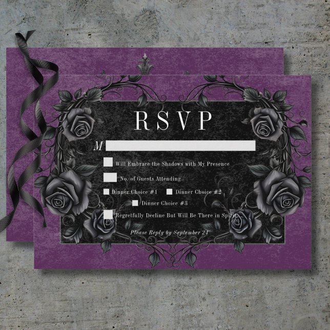 Cartão RSVP Rosas Pretos Góticos Raven e Pretos Janto Roxo (Gothic Black Raven & Black Roses Purple Dinner RSVP Card)