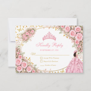 Cartão RSVP Rosas Rosa Aquarela Tiara Dourada Quinceañera