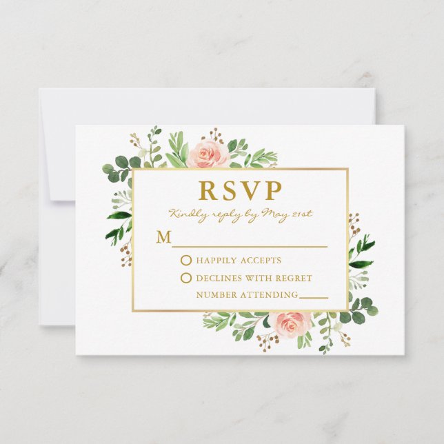 Cartão RSVP Rosas Rosa Cinzentas de Aquarela Casamento Dourado (Frente)