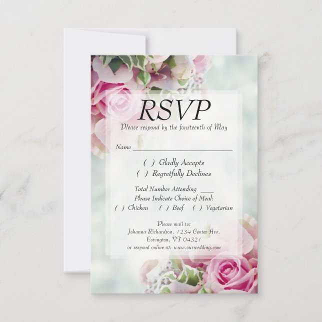 Cartão RSVP Rosas Rosa e Budas de Península Casamento Floral E (Frente)