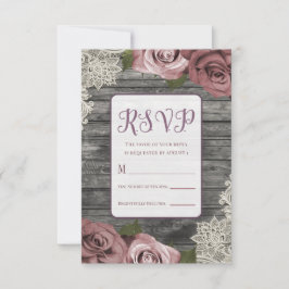 Cartão RSVP Rosas Rosa Empoeirado Cinza Madeira Rústica Renda
