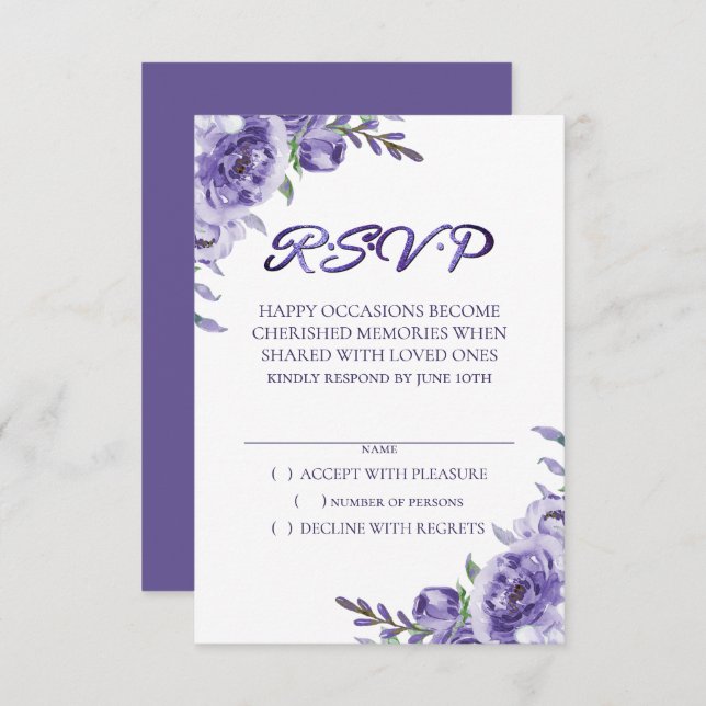 Cartão RSVP Rosas Roxas | Floral Boho Elegante em Aquarela (Frente/Verso)