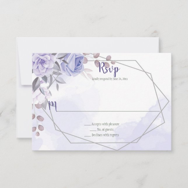 Cartão RSVP Rosas Roxas Lavanda Geométricas Prata Casamento (Frente)