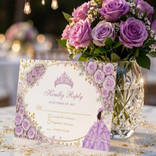 Cartão RSVP Rosas Roxas Lilás Borboleta Dourada Quinceañera