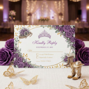 Cartão RSVP Rosas Roxas Ocidentais País Dourado Quinceañera