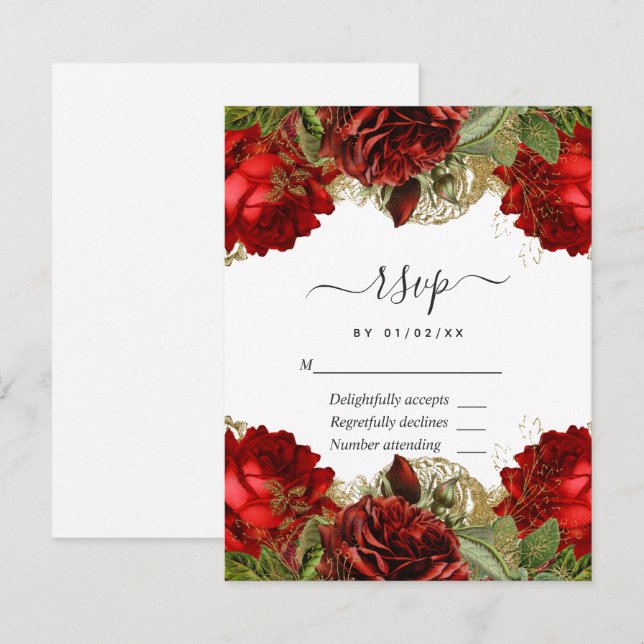 Cartão RSVP Rosas ruivos e Dourados Quinceañera (Frente/Verso)