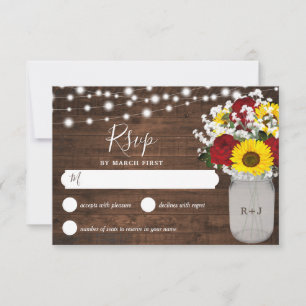 Cartão RSVP Rosas Rústicos Girassóis Mason Jar Lights Casament