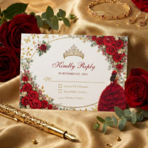 Cartão RSVP Rosas Vermelhas Borboletas Douradas Quinceañera