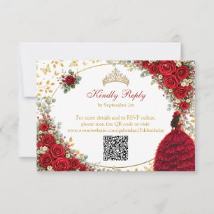 Cartão RSVP Rosas Vermelhas Borboletas Douradas Quinceañera