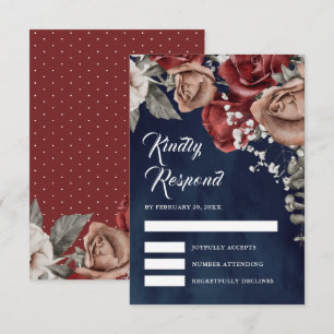 Cartão RSVP Rosas Vermelhas Borgonha Floral Casamento Azul Nav
